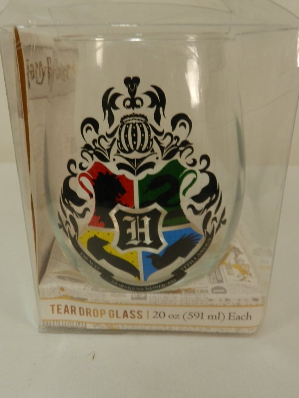 Harry Potter Hogwarts Shield Crest tear drop 20 oz glass drinkware barware NEW